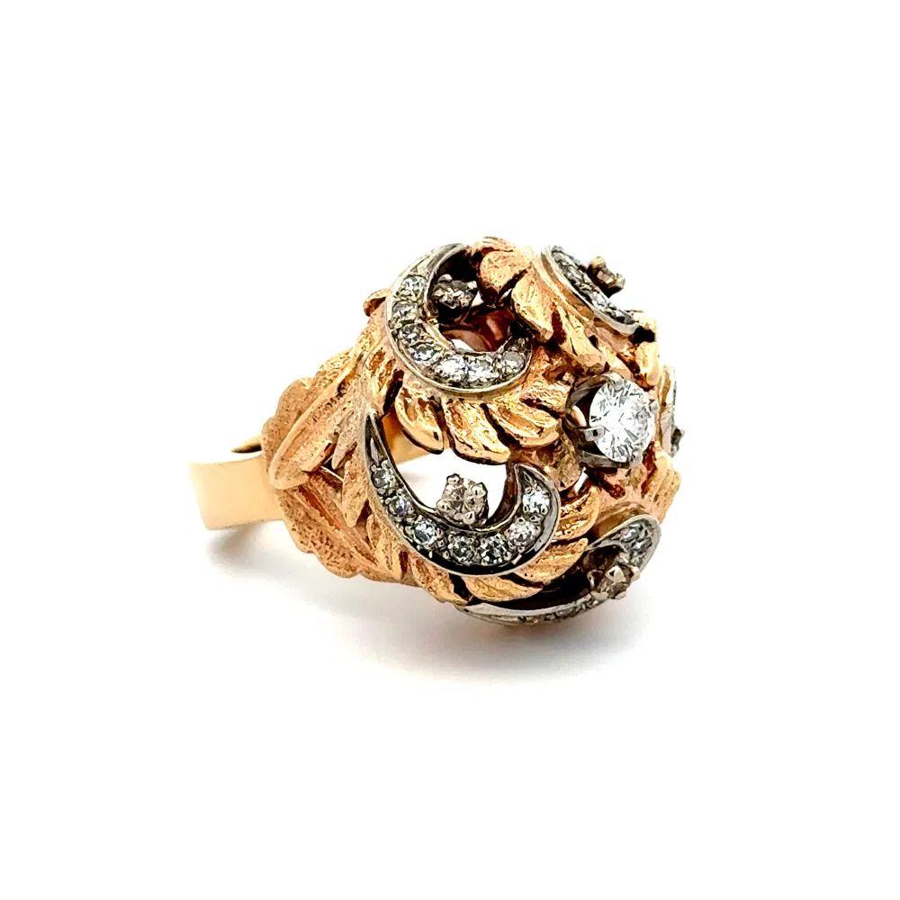 Simply Beautiful! Finely detailed Mid Century Modern Diamond 2-Tone Gold Dome Cocktail Ring. At the heart of this Captivating Ring is a Hand set 0.50 Carat Round Brilliant-Cut Diamond, radiating unparalleled Brilliance and fire. Surrounding the