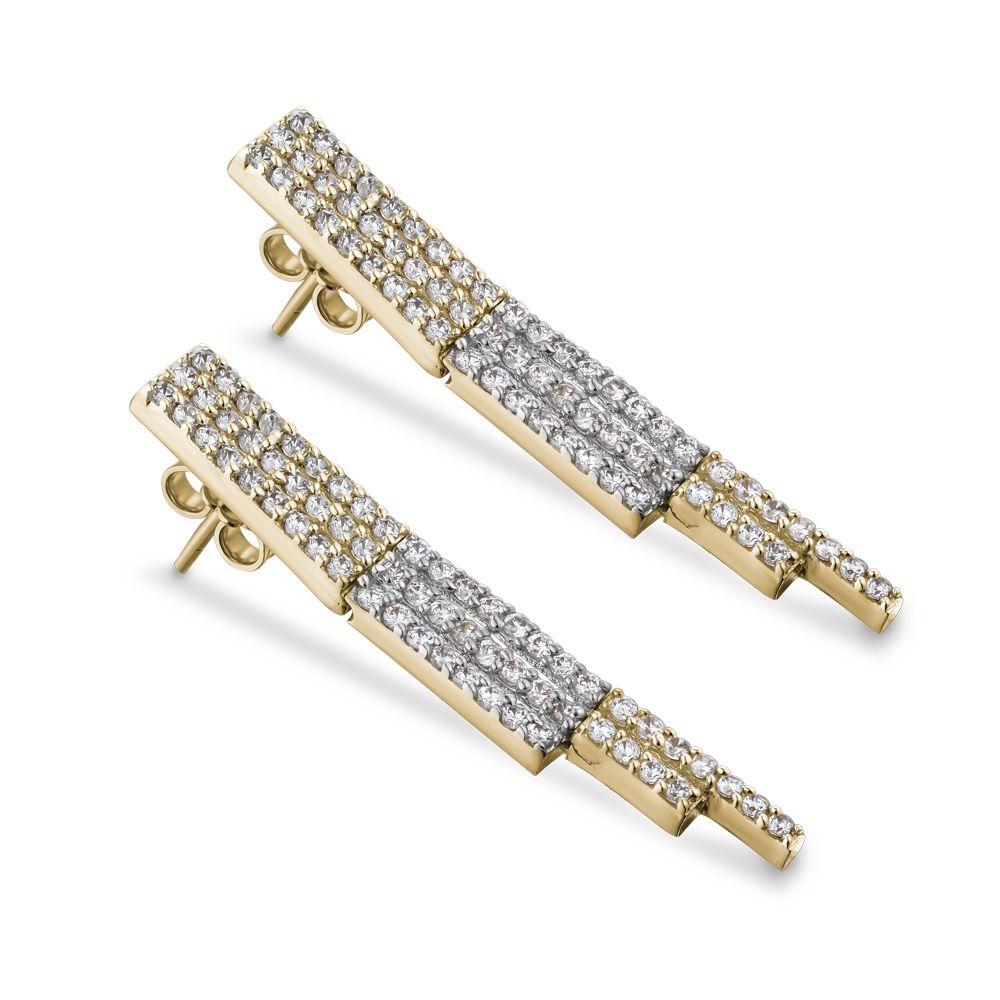 Simply Beautiful! Mid Century Modern Finely detailed Diamond 2-Tone Yellow and White Gold Drop Earrings. Hand set with 124 Diamonds, SI1 Clarity  I-J Color weighing approx. 1.00tcw. Beautifully Hand crafted in 18K Yellow and White Gold. Measuring