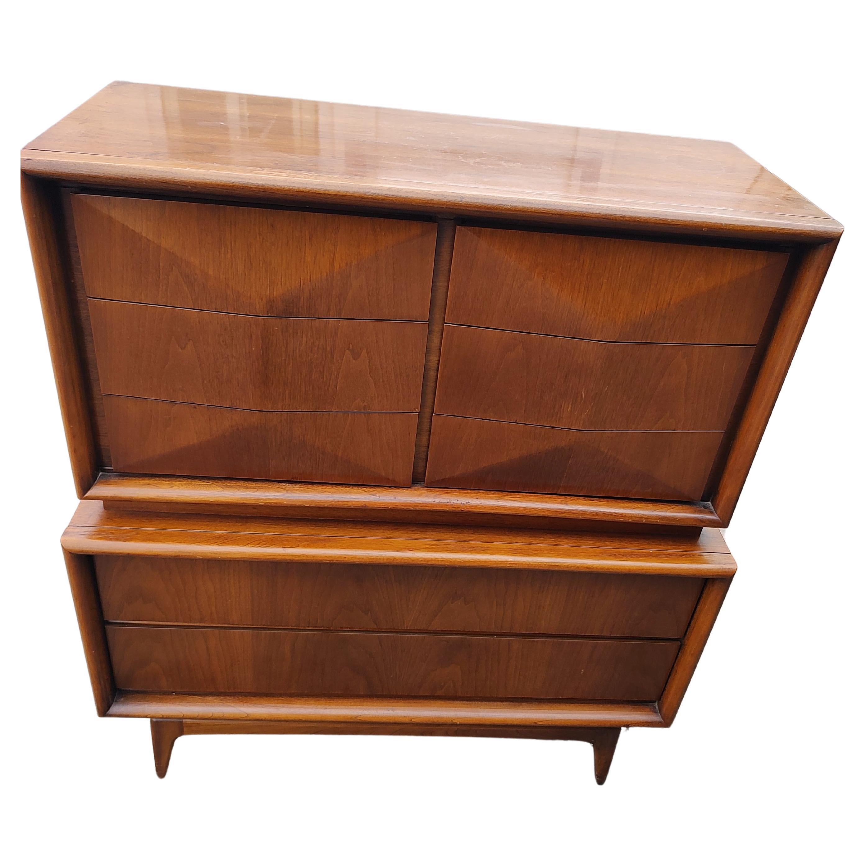 Mid-20th Century Mid Century Modern Diamond Faced Walnut Highboy Dresser by United Furniture  For Sale
