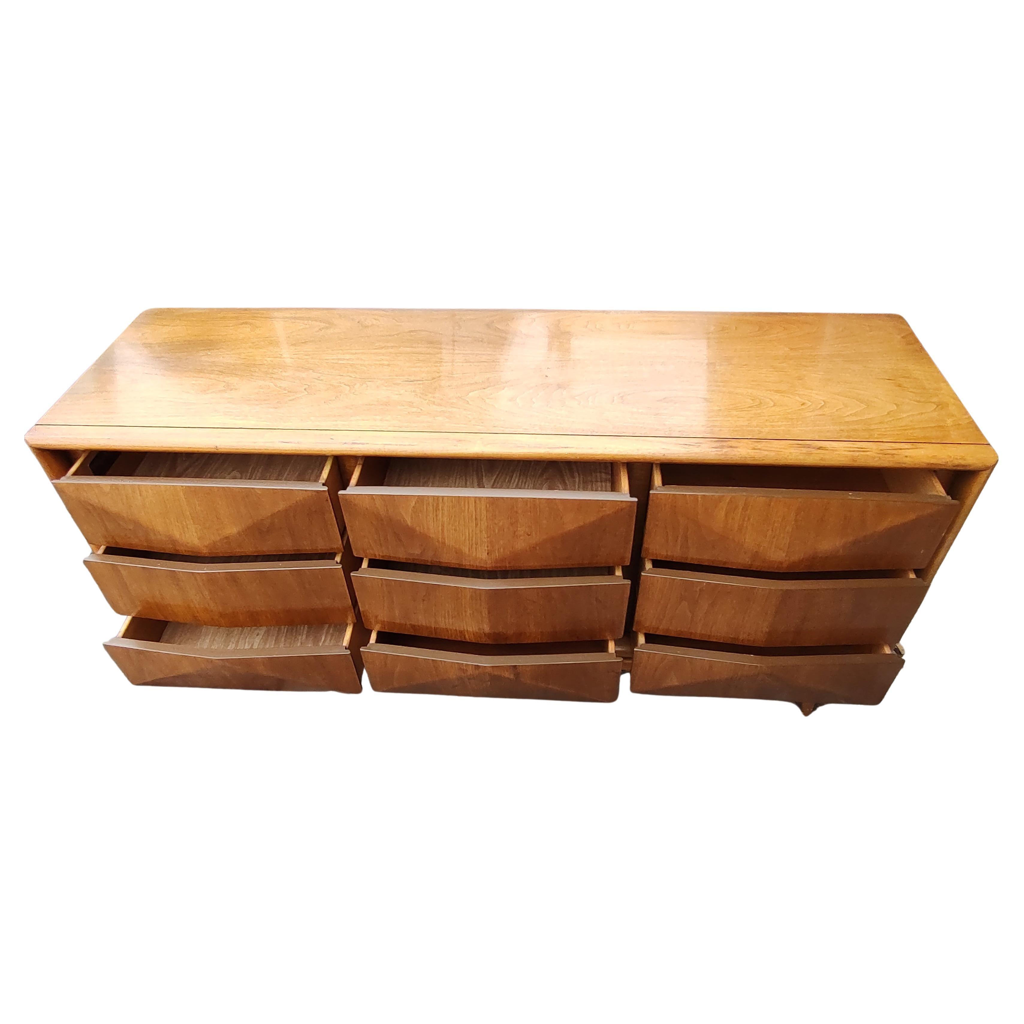 American Mid Century Modern Diamond Faced Walnut Triple Dresser with Full Length Mirror For Sale