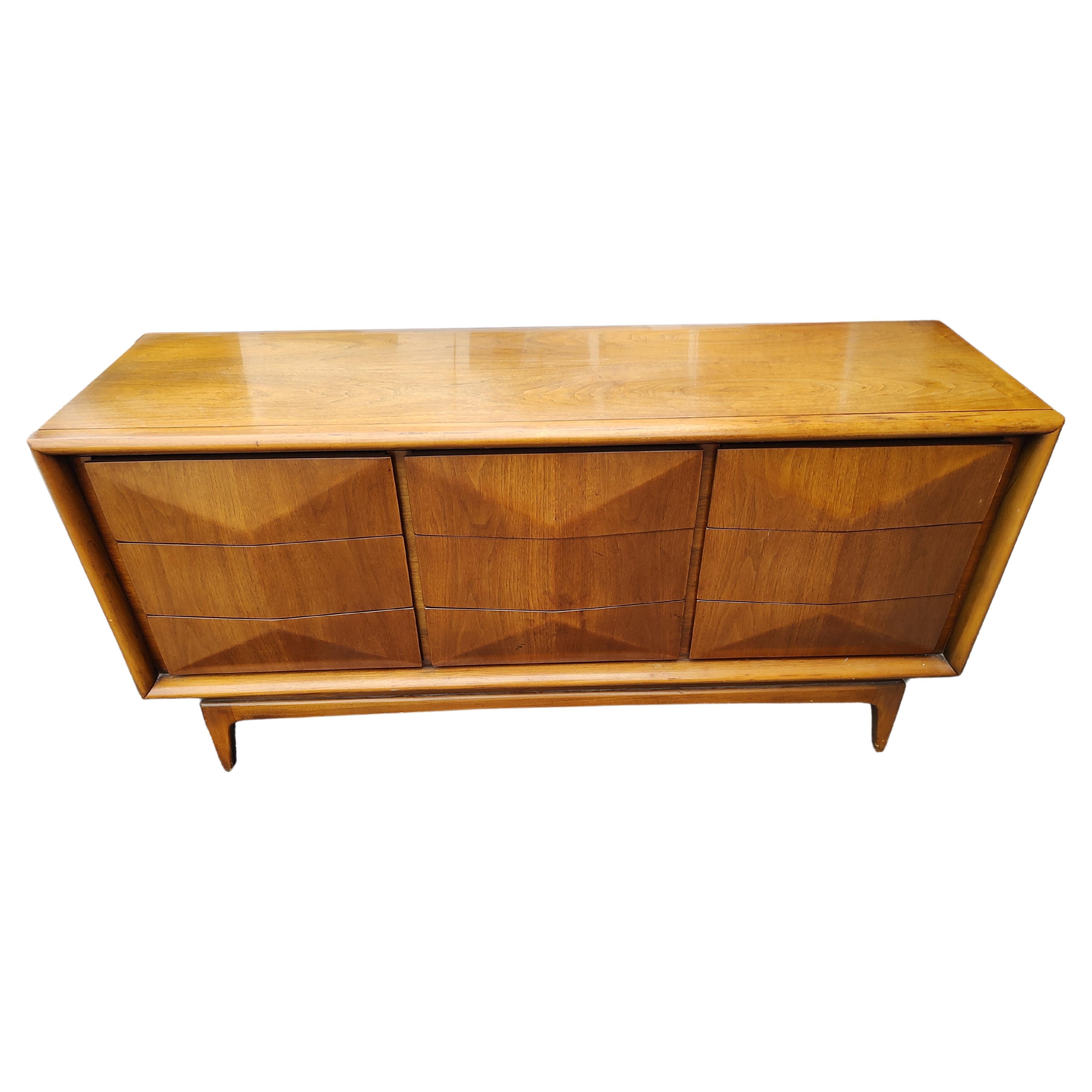 Beveled Mid Century Modern Diamond Faced Walnut Triple Dresser with Full Length Mirror  For Sale