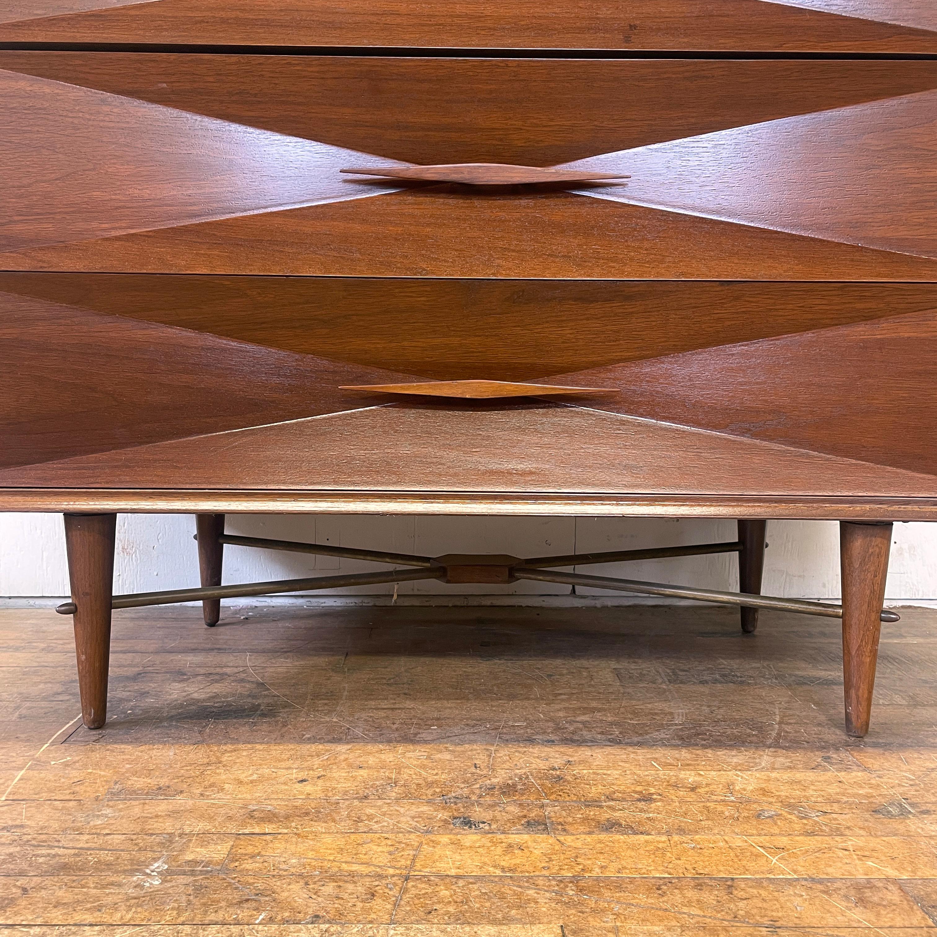 Walnut Mid-Century Modern Diamond Front Facet Dresser