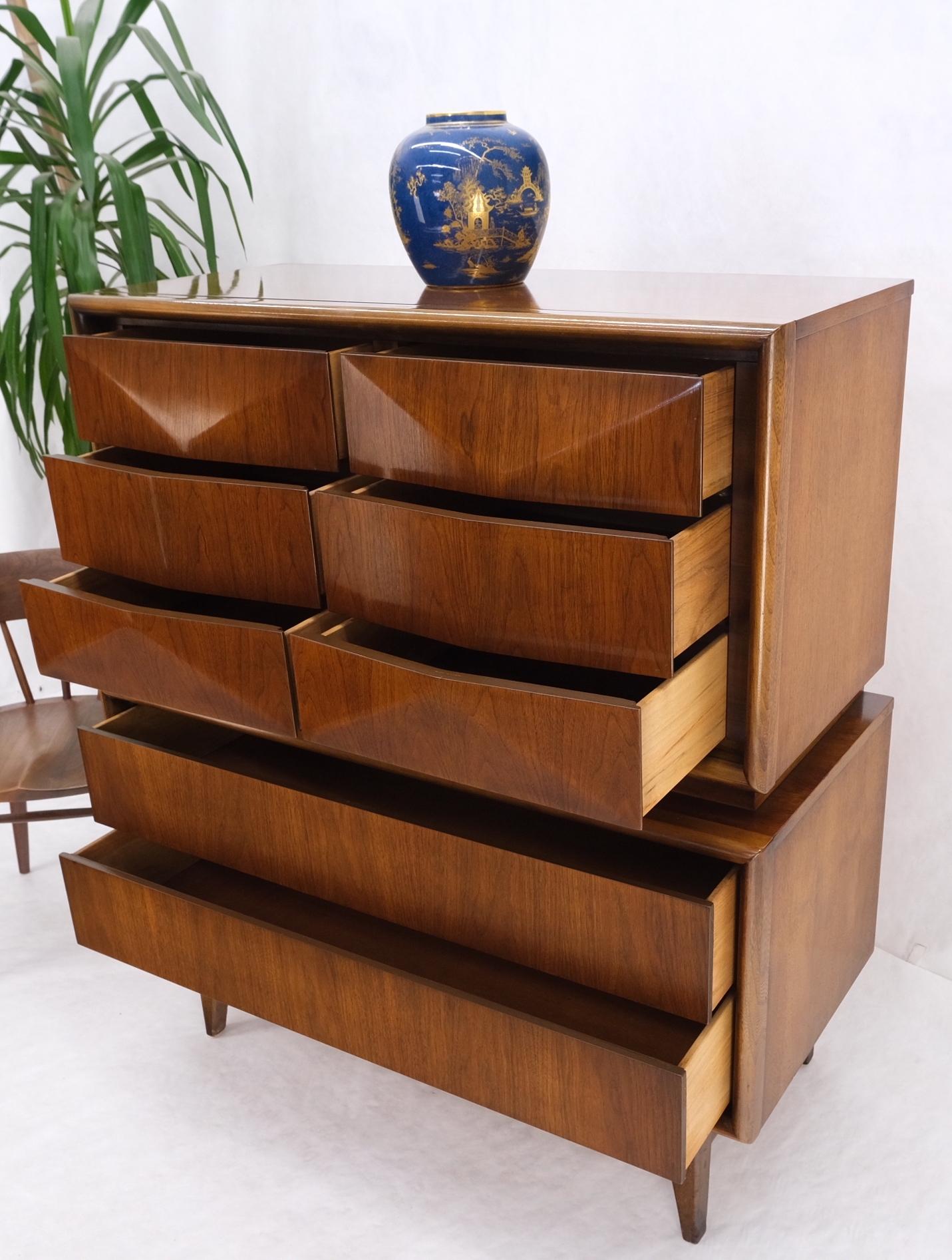 Mid-Century Modern diamond front walnut 8 drawers high chest dresser cabinet.