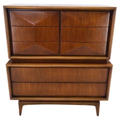 Mid-Century Modern Diamond Front Walnut 8 Drawers High Chest Dresser Cabinet 