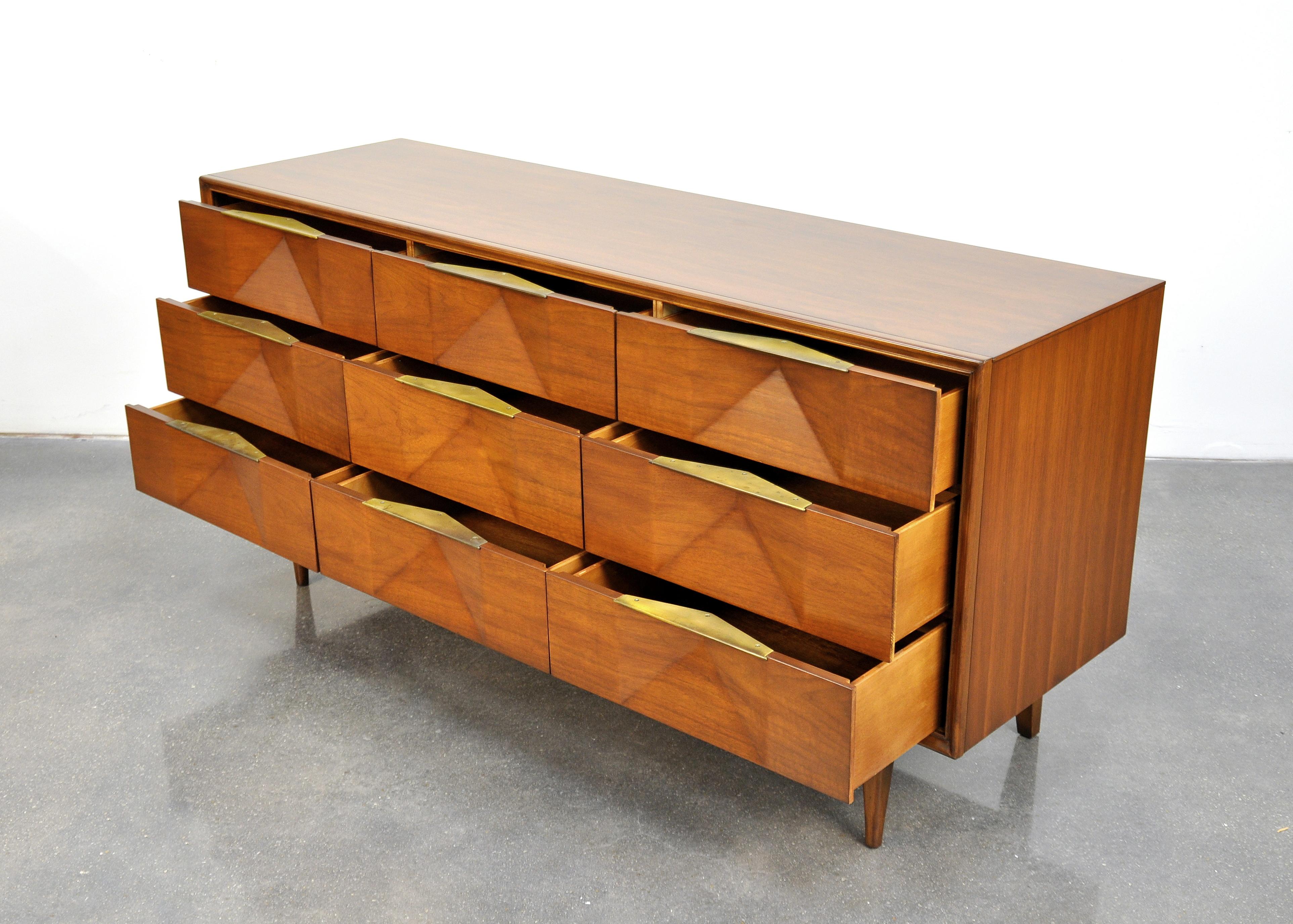MidCentury Modern Diamond Front Walnut and Brass Triple Dresser at 1stDibs