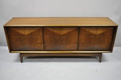 Mid-Century Modern Diamond Front Walnut Credenza Dresser by United Furniture