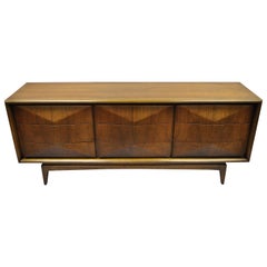 Mid-Century Modern Diamond Front Walnut Credenza Dresser by United Furniture