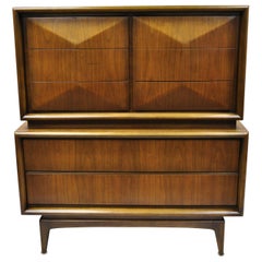 Mid-Century Modern Diamond Front Walnut Tall Chest Dresser by United Furniture