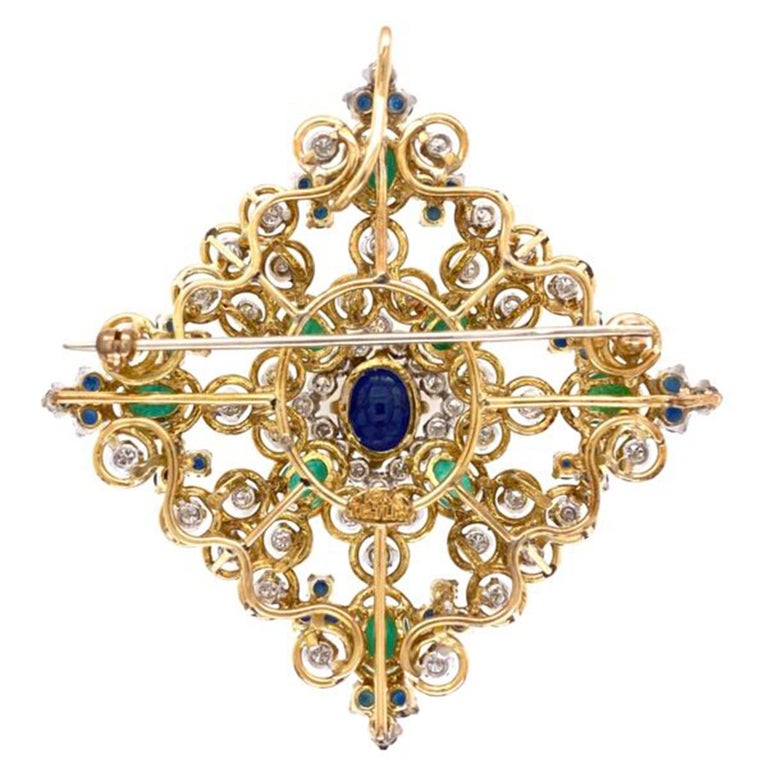 MidCentury Modern Diamond Sapphire Emerald Gold Brooch Pin Estate Fine