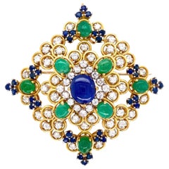 Mid-Century Modern Diamond Sapphire Emerald Gold Brooch Pin Estate Fine Jewelry
