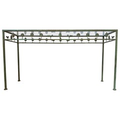 Console rustique de style Diego Giacometti mi-siècle moderne, plateau en verre
