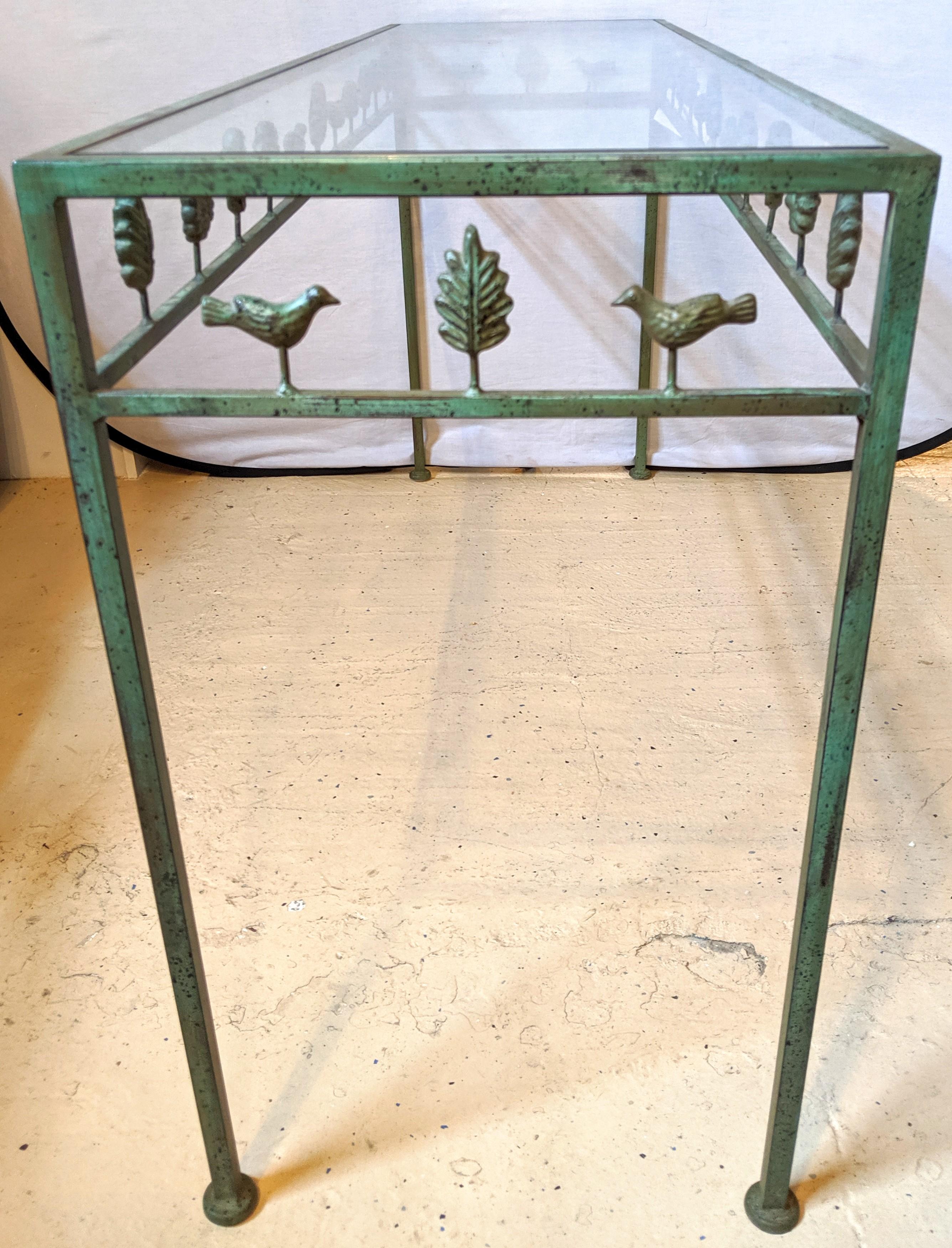 Mid-Century Modern Diego Giacometti Style Rustic Metal Console Table, Glass Top 1