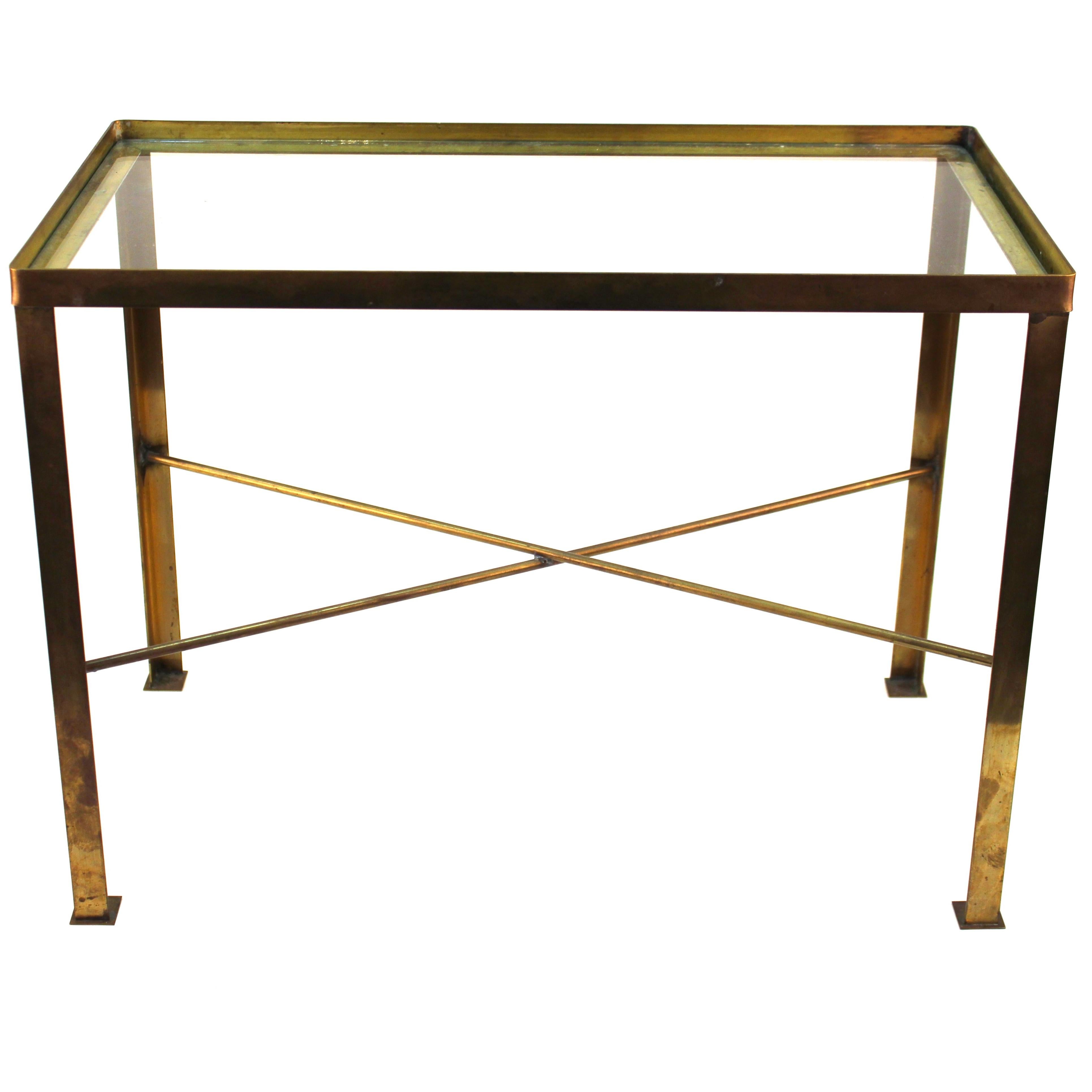 Mid-Century Modern Diminutive Brass Side Table With Glass Top