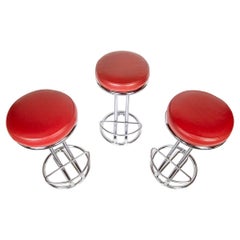 Mid Century Modern  Diner Bar Stools Red Faux Leather, Chrome, Italy, 1950s