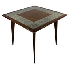 Mid Century Modern Dinette Foyer Game Table Walnut Wood and Inlaid Tile Danish