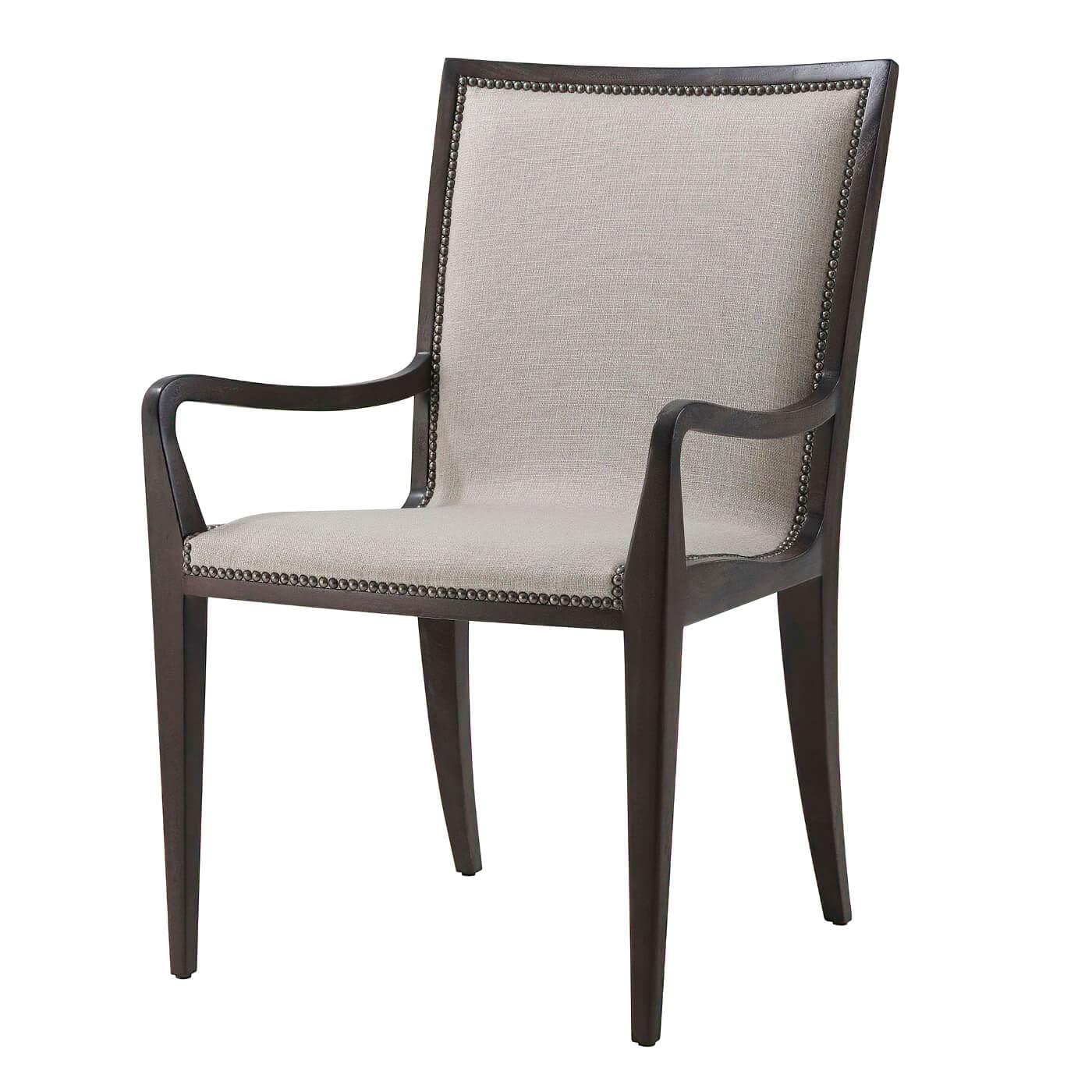 Mid Century modern style mahogany mesquite finish armchair with a slung upholstered seat and back.
Shown in Cream Hide-LE0306 Leather and Draper Performance-UP5409 Fabric
Trim: Antiqued Steel Nail
Each Hide has natural variations
Dimensions: