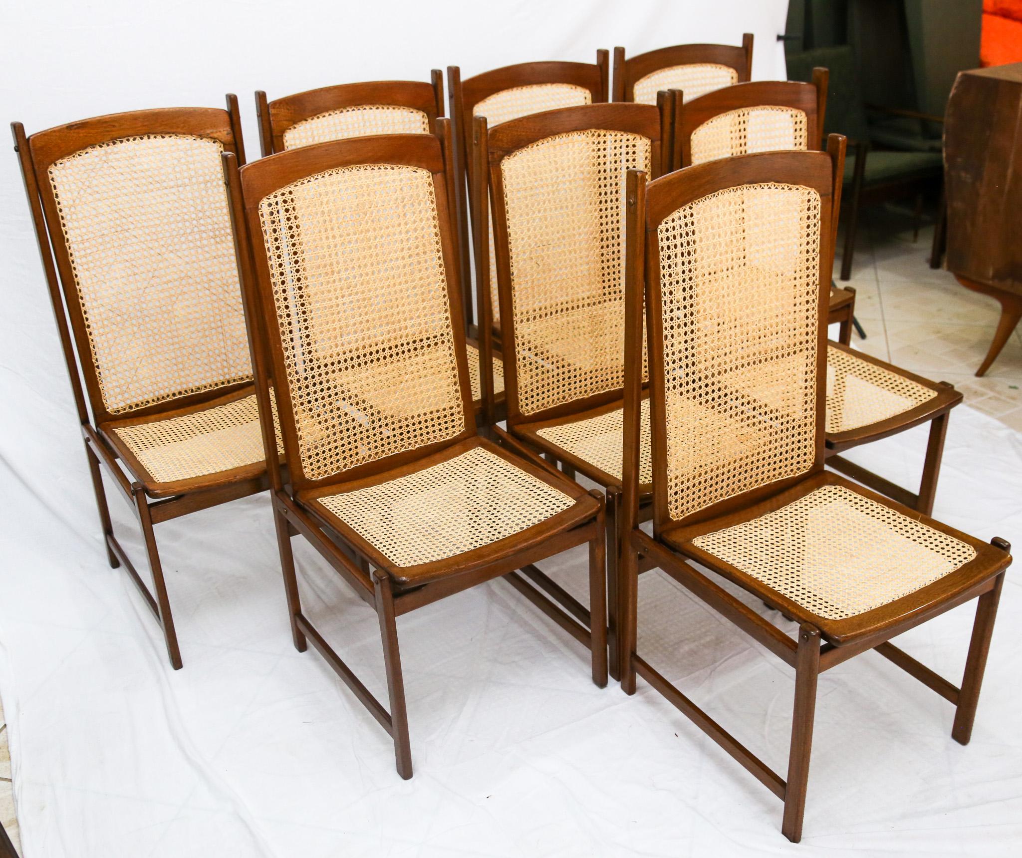 Cane Mid-Century Modern Dining Chair Set in Hardwood & Caning, Celina, Brazil, 1960s For Sale