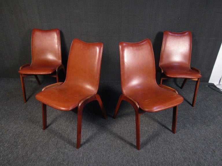 Leather Mid-Century Modern Dining Chairs, Set of Four For Sale