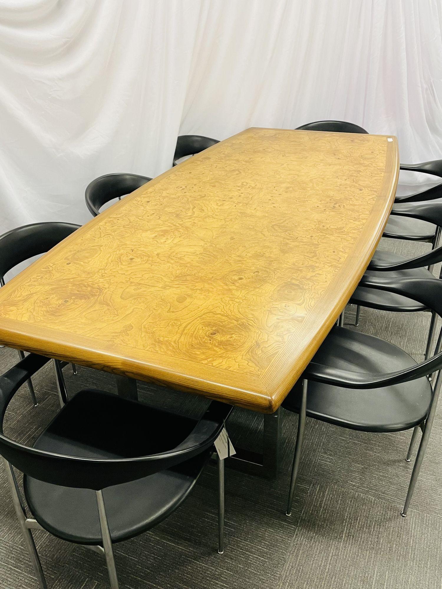 Mid-Century Modern dining / conference table, burl wood, chrome, American, 1960s
 
A sleek and stylish Milo Baughman Style Mid-Century Modern burl wood dining room table on a chrome base.
 
Burl Wood, Chrome
American, 1960s
 
Narrows to 36 on