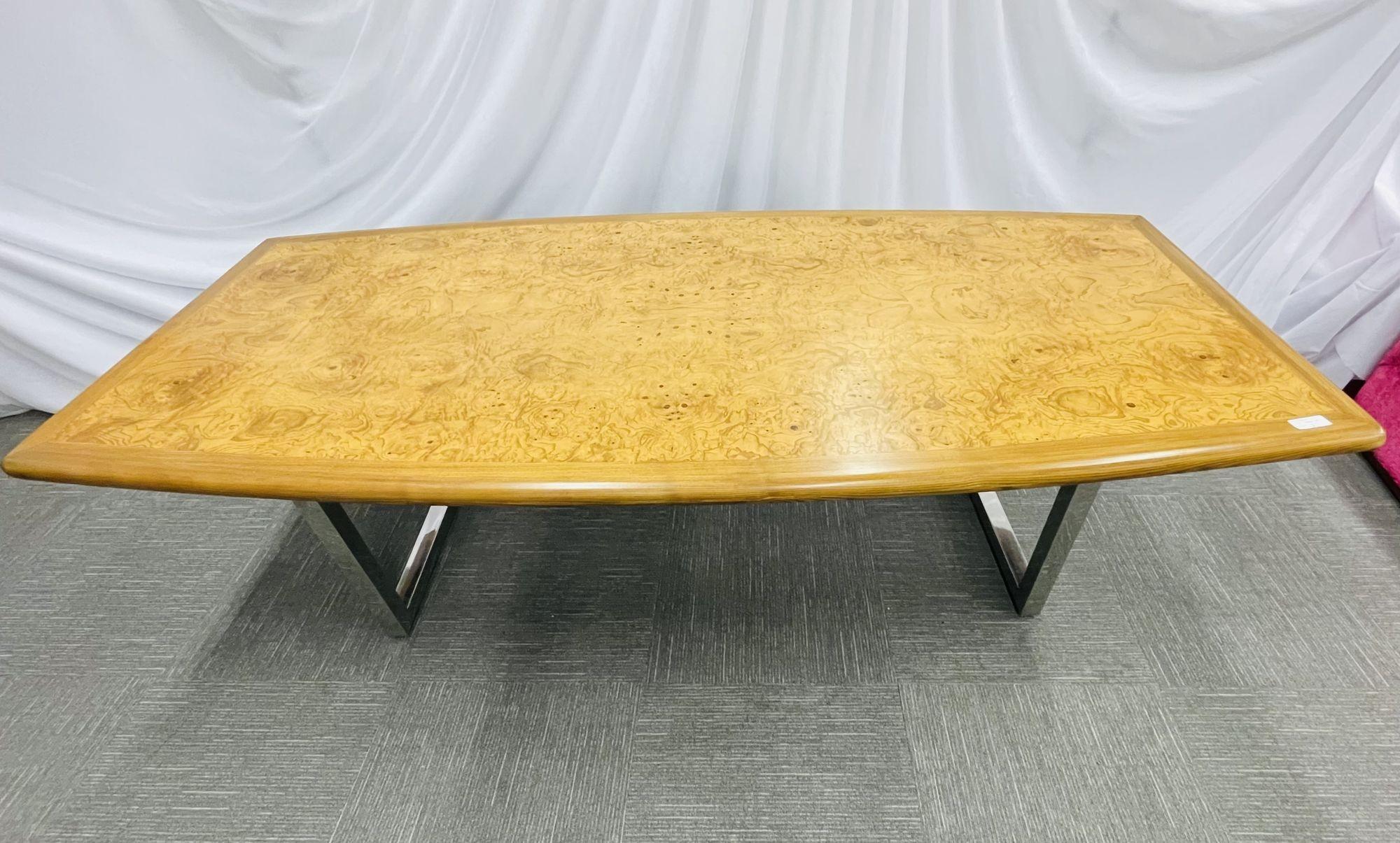 20ième siècle Table de conférence / salle à manger moderne du milieu du siècle, bois de ronce, chrome, États-Unis, années 1960 en vente