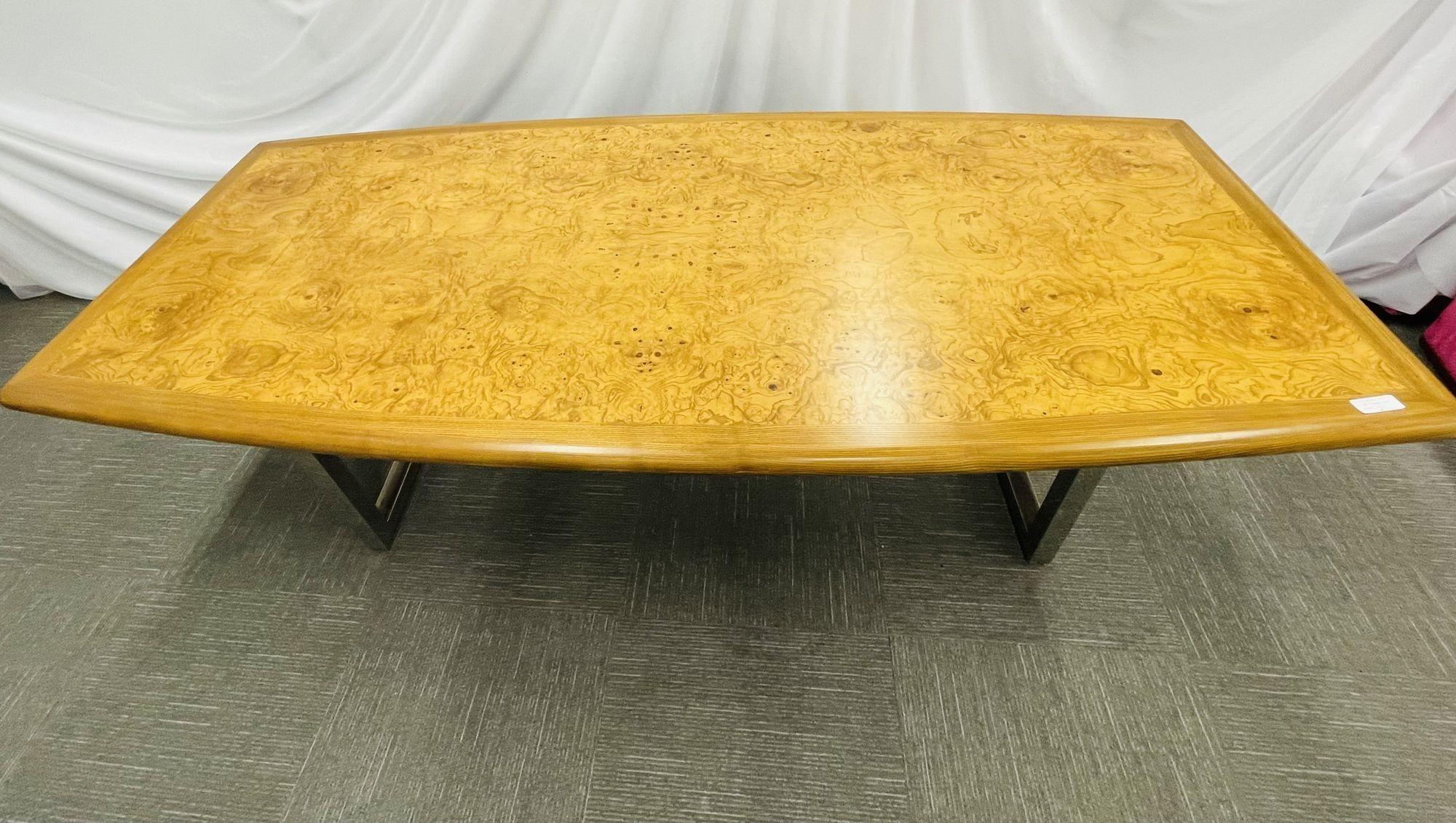 Chrome Table de conférence / salle à manger moderne du milieu du siècle, bois de ronce, chrome, États-Unis, années 1960 en vente