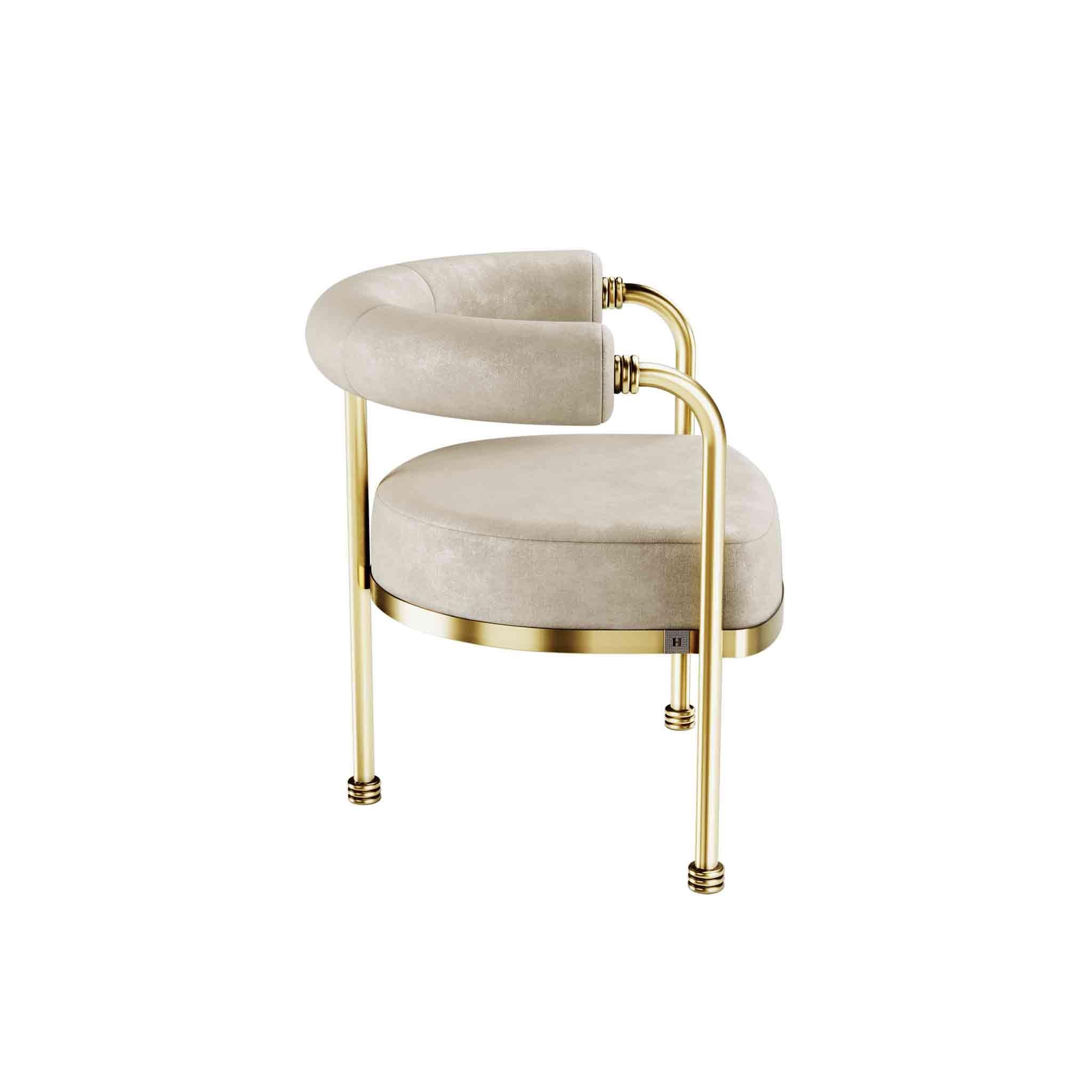 Portuguese Mid-Century Modern Dining Room Chair Neutral Velvet & Golden Polished Brass For Sale