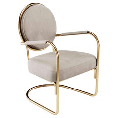 Mid-Century Modern Dining Chair, Suede & Golden Polished Brass Dining Armchair