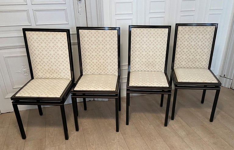 Set of 6 chairs by the French designer Pierre Vandel produced in the 70s. 
Very light lacquered aluminum structure. 
4 chairs with jacquard pattern and 2 plain chairs.
 
