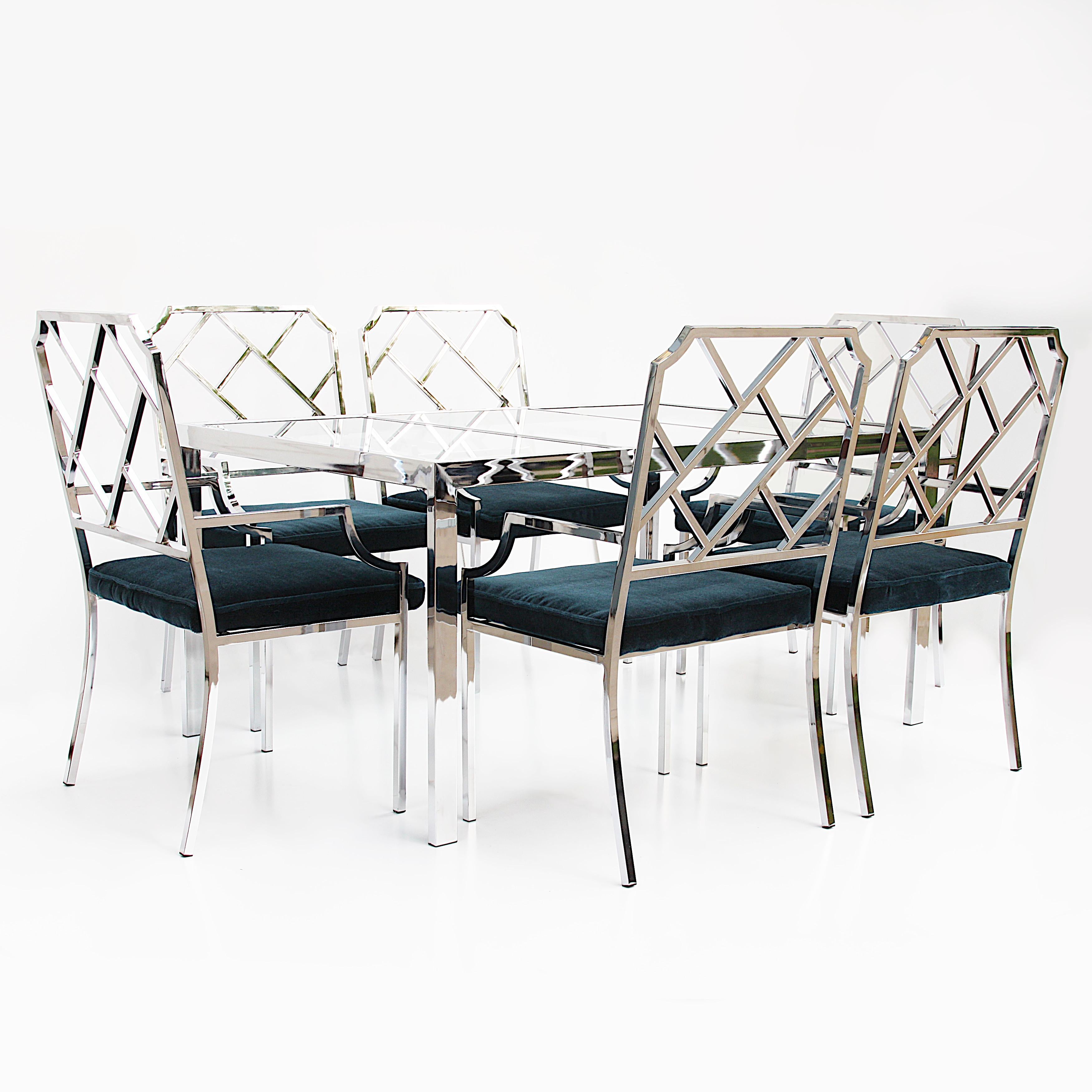 Wonderful set of 6 Chinese Chippendale chairs and matching table by Design Institute of America (DIA). Set features six matching chrome armchairs with a modern, Asian motif and a matching minimalist chrome table that allows the chairs to take center