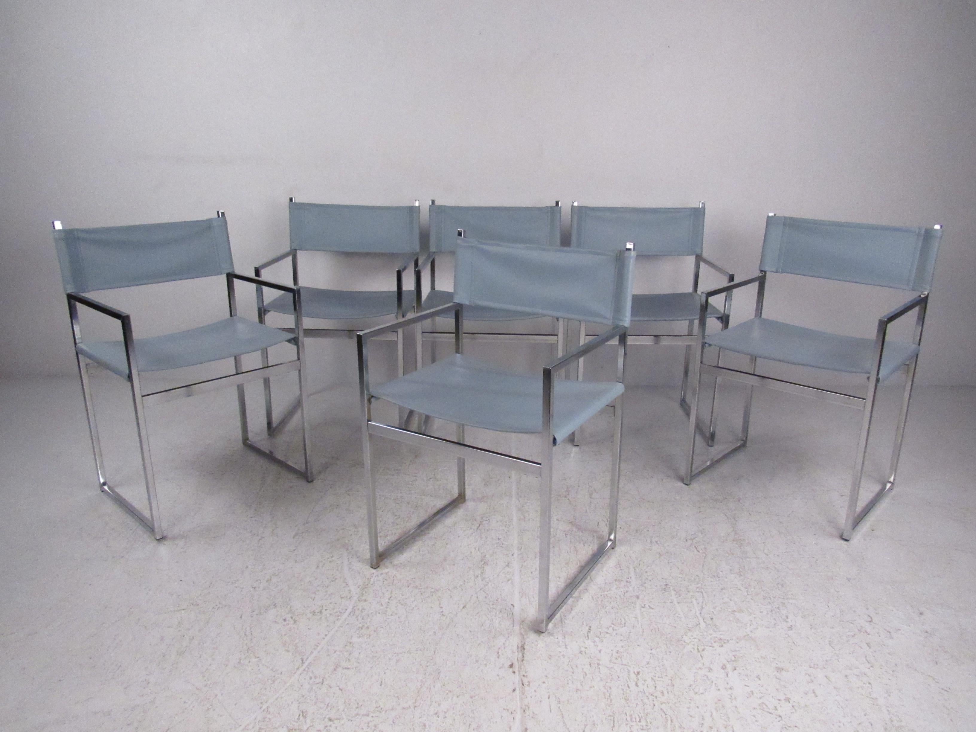 This stylish vintage chrome dining set includes six matching Stendig style chairs with matching chrome frame dining table. Making a beautiful Mid-Century Modern statement in any setting, this glass top table makes a spacious eating or meeting space