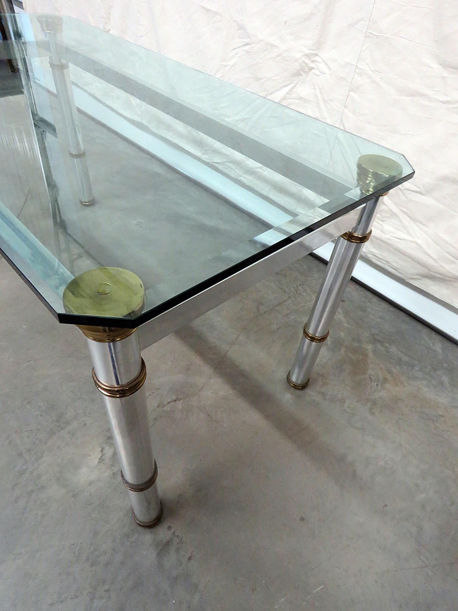 Brass and Metal Modern Glass Top Dining Table Attributed to John Vesey 1
