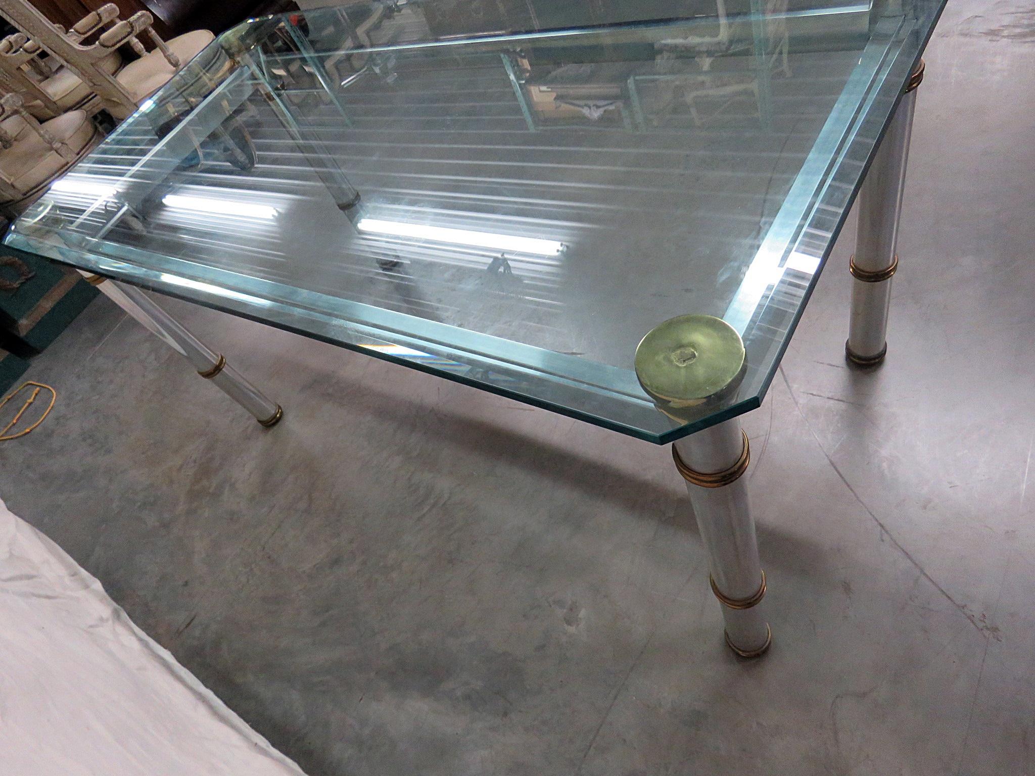 Brass and Metal Modern Glass Top Dining Table Attributed to John Vesey In Good Condition In Swedesboro, NJ