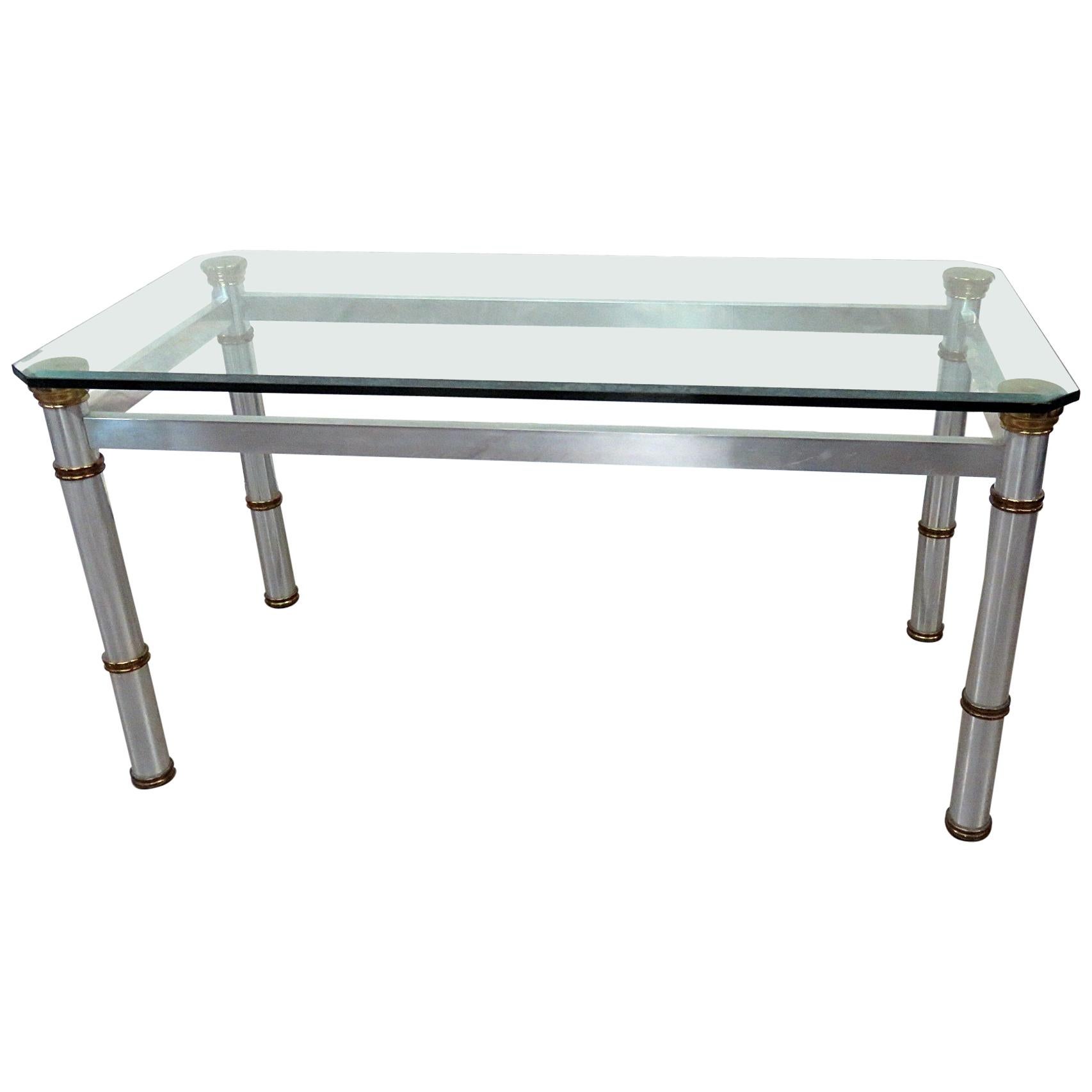 Brass and Metal Modern Glass Top Dining Table Attributed to John Vesey