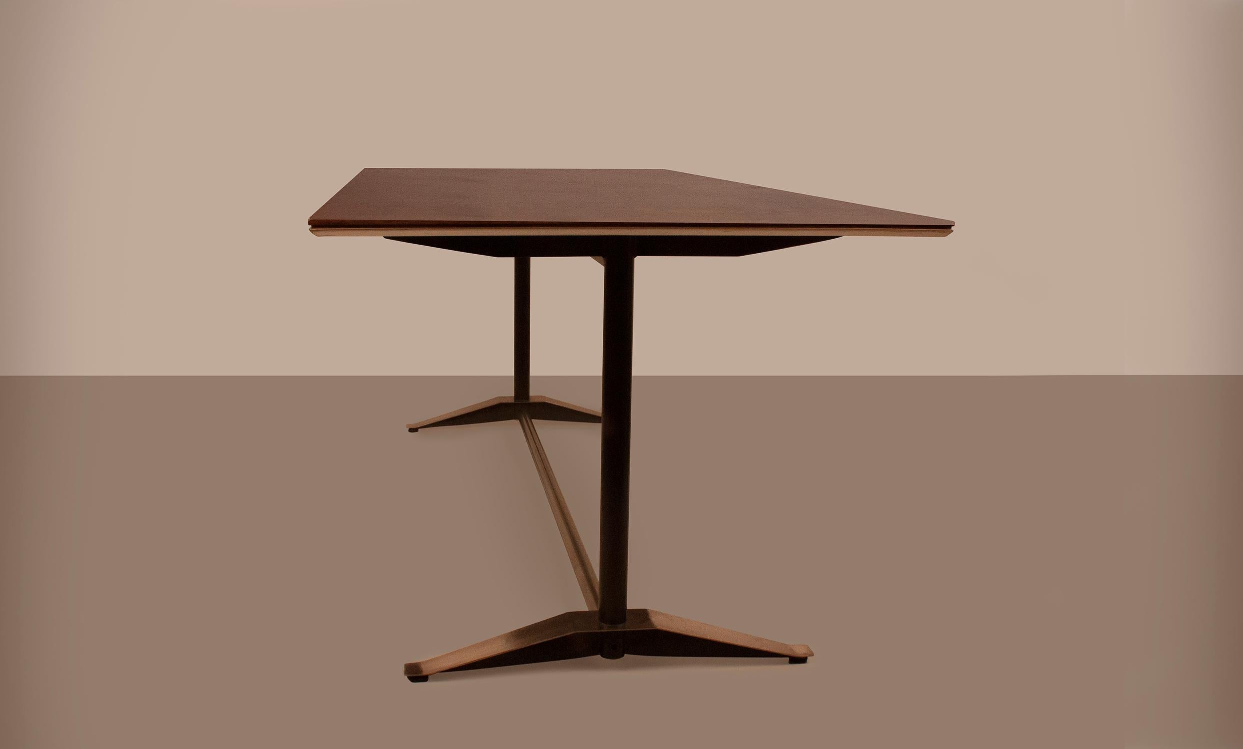 Dining table designed in 1960 by italian architect Alberto Rosselli for Arflex, Italy. Wenge wood, brushed aluminium, chromed and black lacquered steel. 
Alberto Roselli's design style is characterized by the combination of clean shapes and