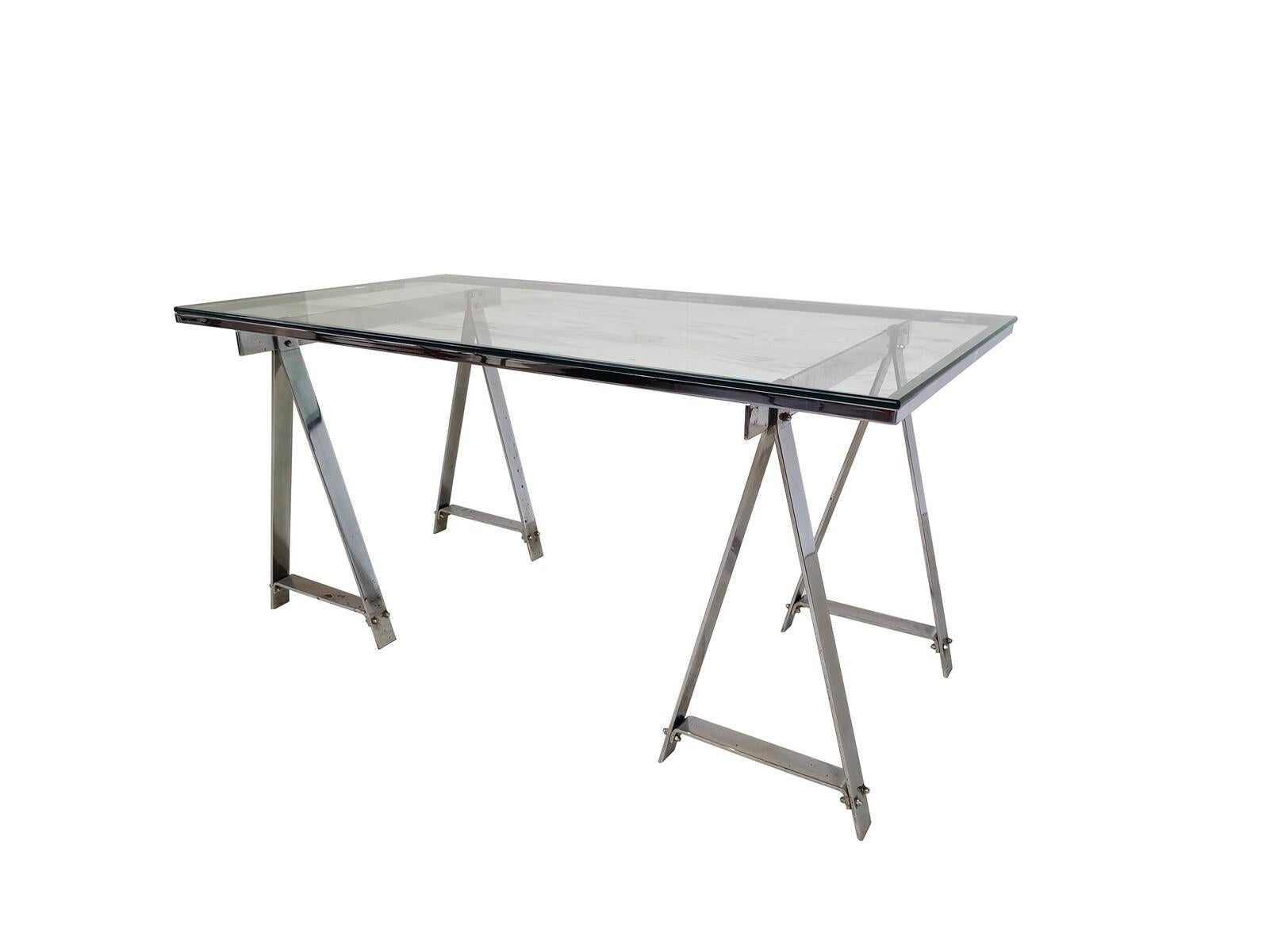 Mid-Century Modern Dining Table/Desk, Chrome and Glass, Italy, 1970s In Good Condition For Sale In Brussels, BE