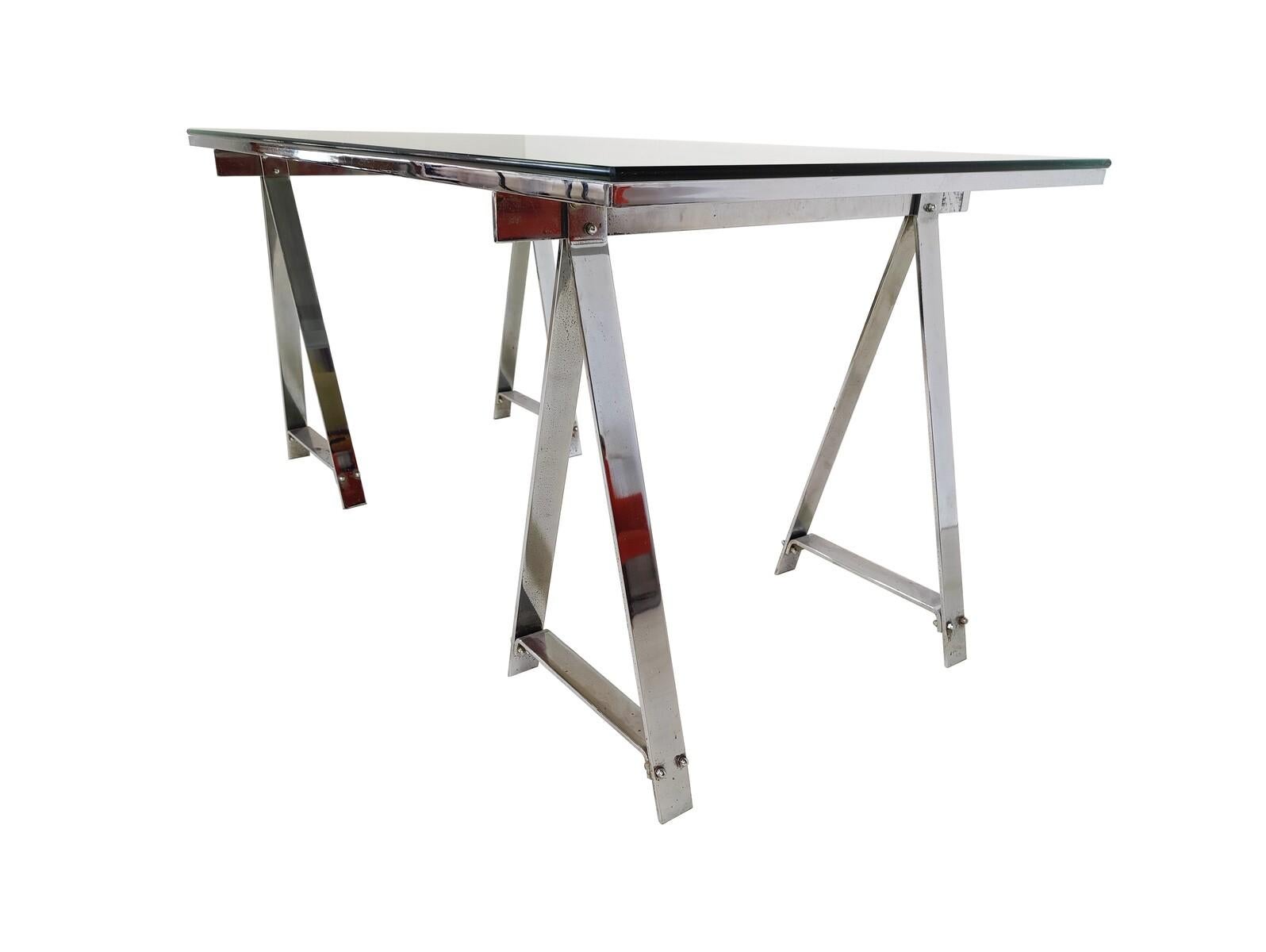Late 20th Century Mid-Century Modern Dining Table/Desk, Chrome and Glass, Italy, 1970s For Sale