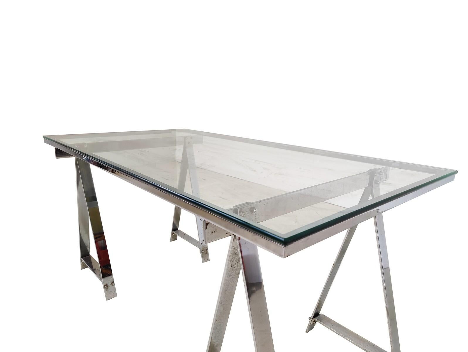 Mid-Century Modern Dining Table/Desk, Chrome and Glass, Italy, 1970s For Sale 1