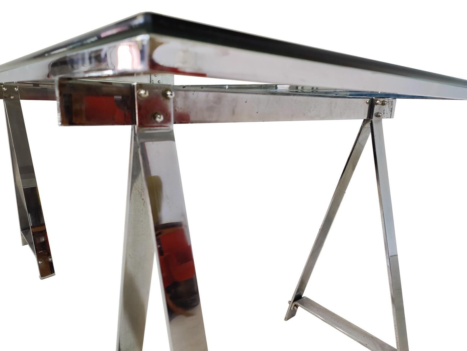 Mid-Century Modern Dining Table/Desk, Chrome and Glass, Italy, 1970s For Sale 2