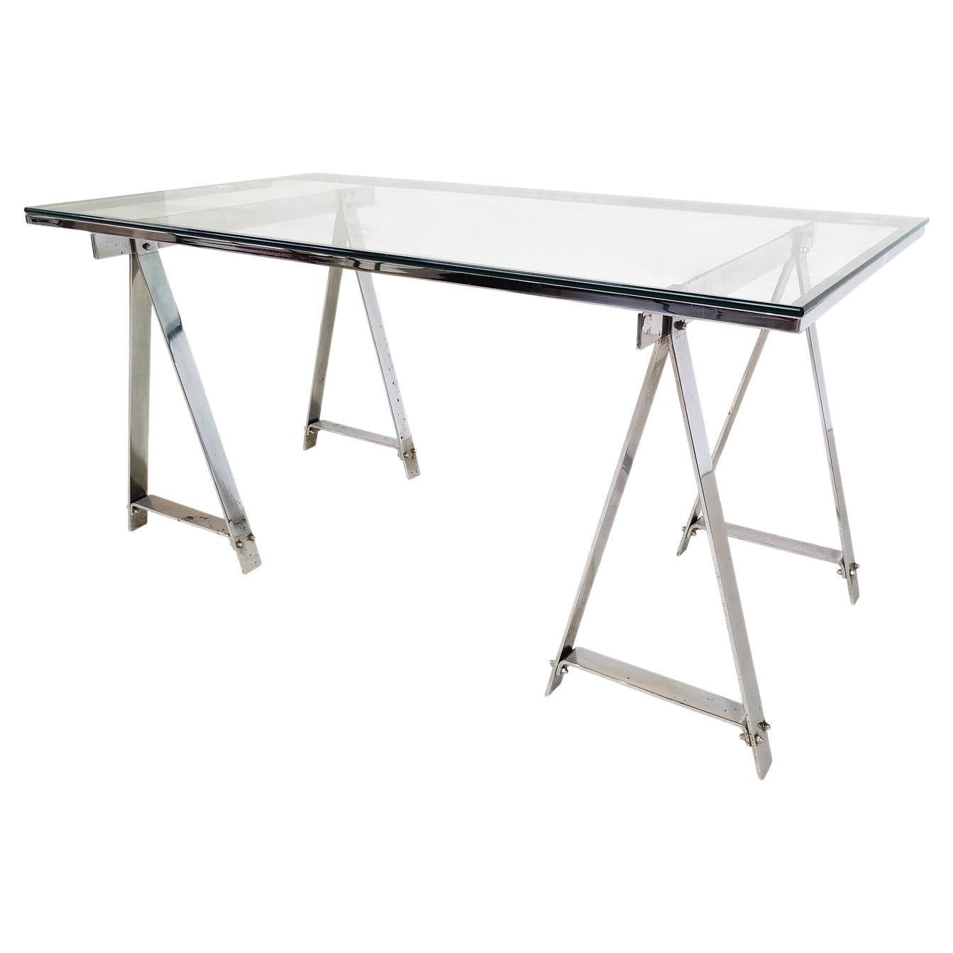 Mid-Century Modern Dining Table/Desk, Chrome and Glass, Italy, 1970s For Sale