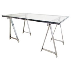 Retro Mid-Century Modern Dining Table/Desk, Chrome and Glass, Italy, 1970s