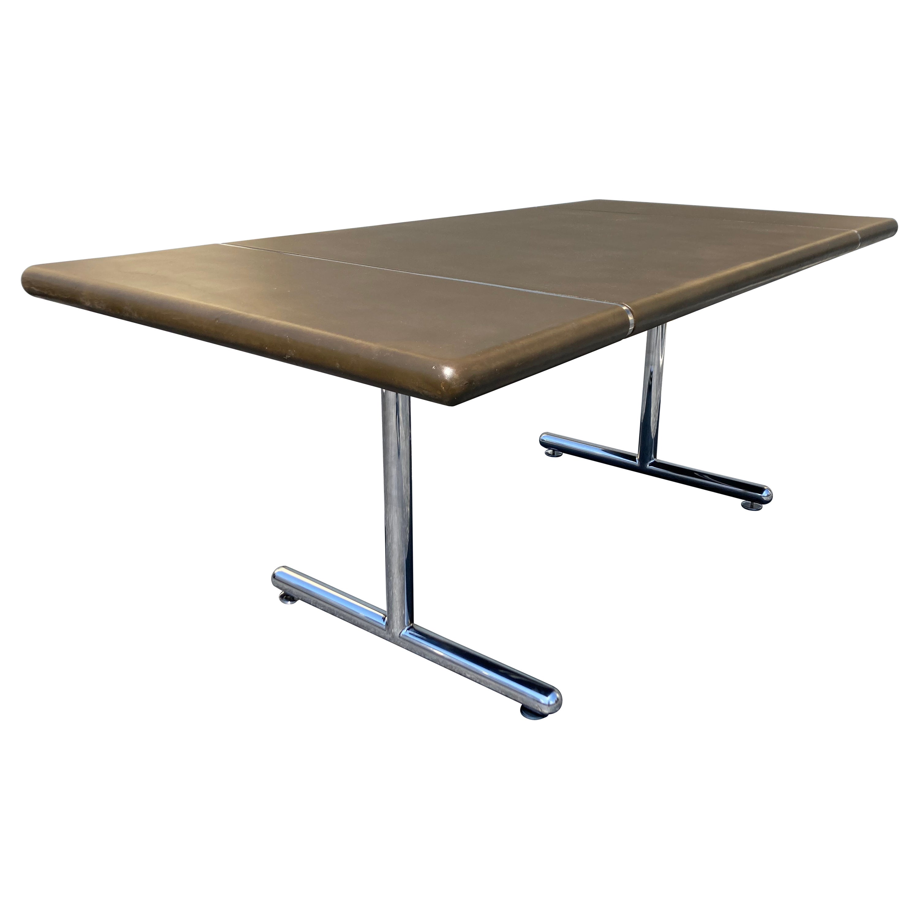 Mid-Century Modern Dining Table Desk Conference Table, Leather, Chrome