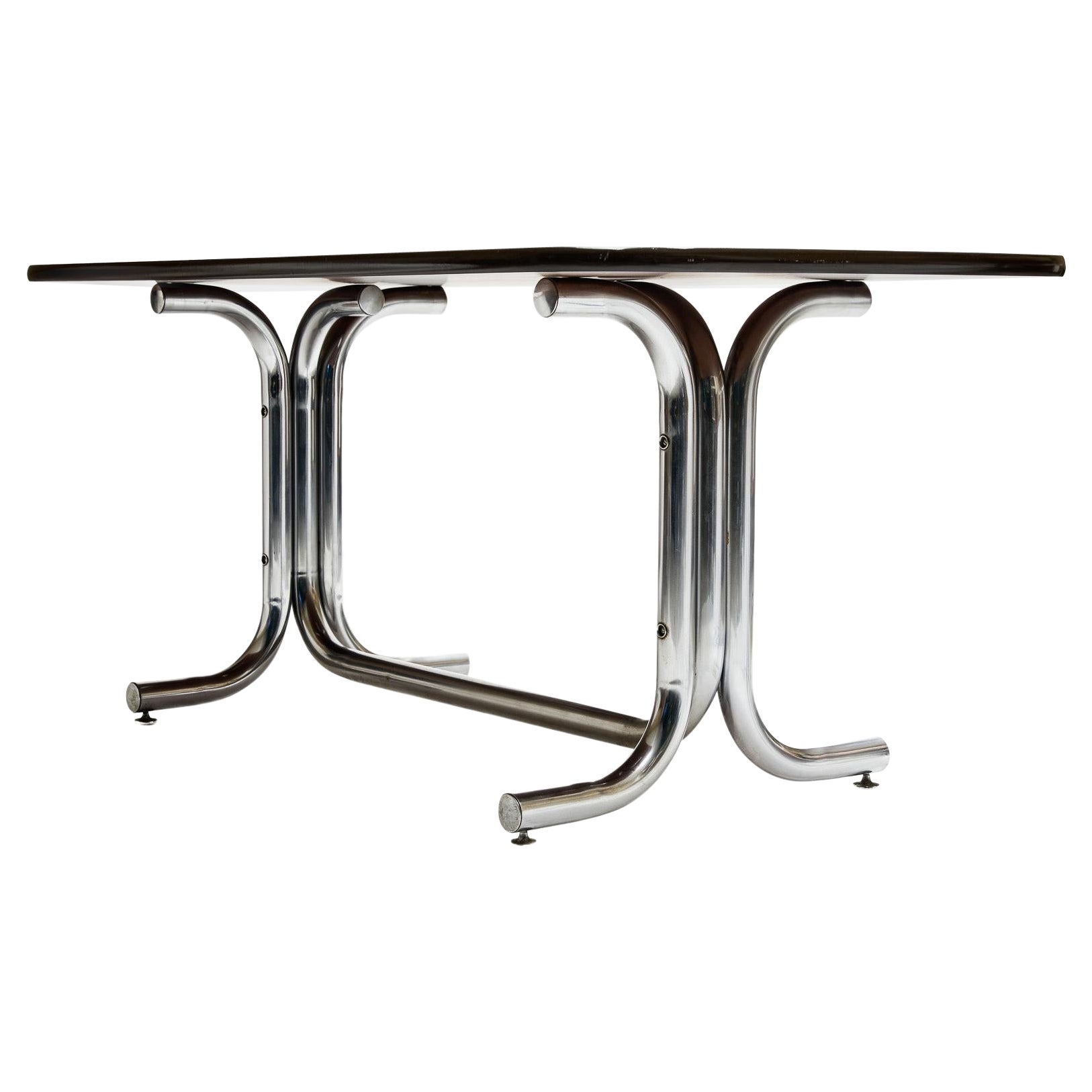 Mid-Century Modern Table de salle à manger moderne du milieu du siècle dernier en chrome tubulaire et bois de Geraldo Barros, 1970 en vente