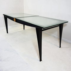 Mid-Century Modern Dining Table with Black Steel Frame and Sandblasted Glass Top