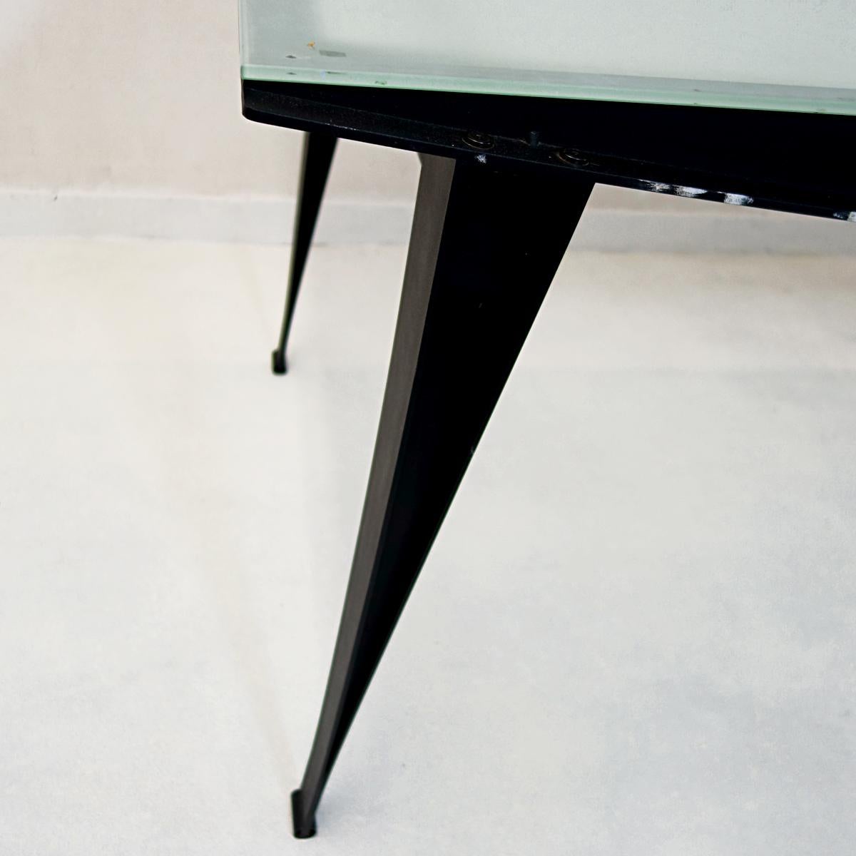 Dutch Mid-Century Modern Dining Table with Black Steel Frame and Sandblasted Glass Top For Sale