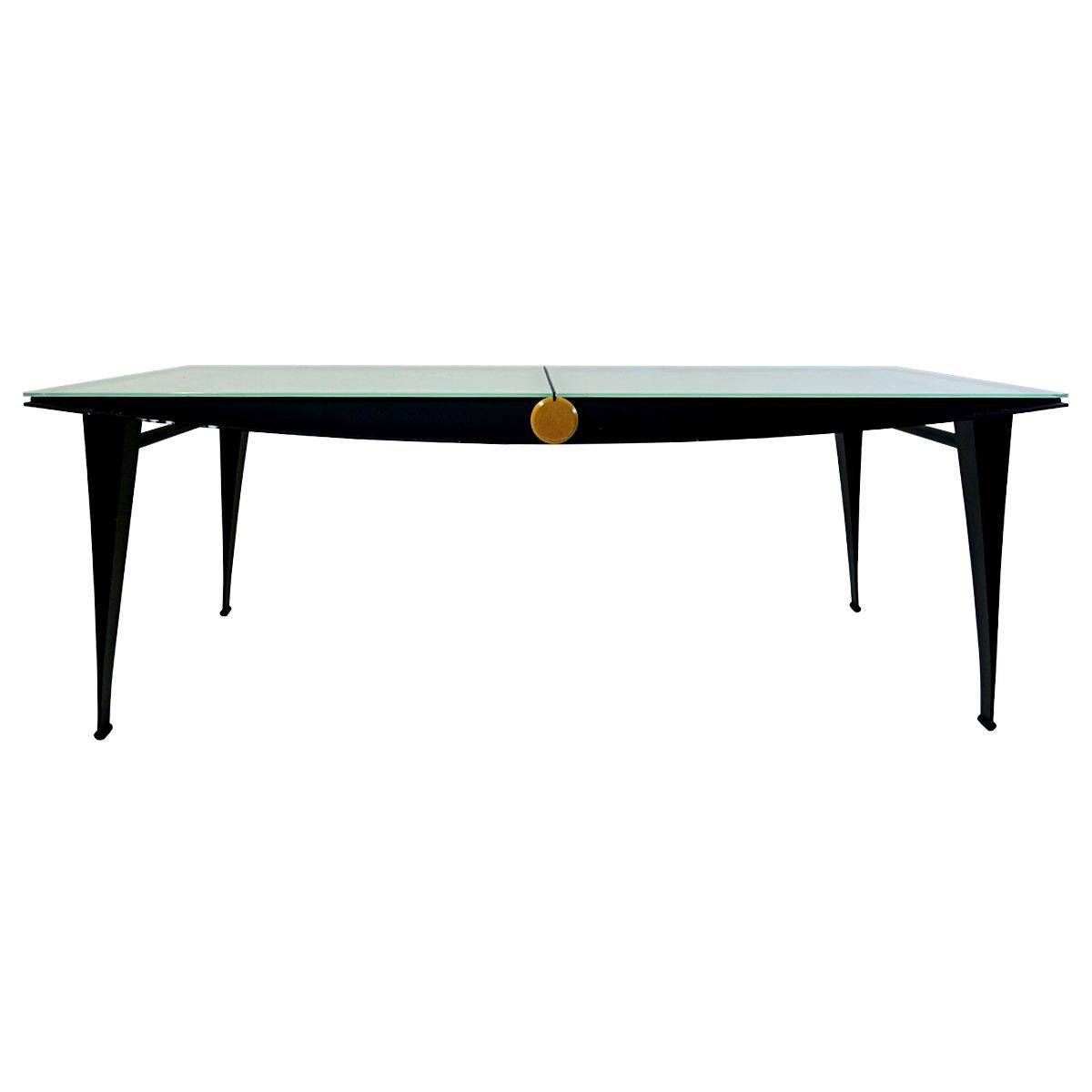 Mid-Century Modern Dining Table with Black Steel Frame and Sandblasted Glass Top