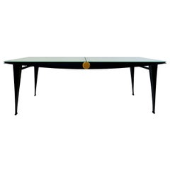 Mid-Century Modern Dining Table with Black Steel Frame and Sandblasted Glass Top