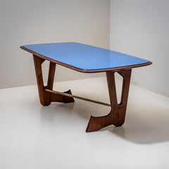 Mid-Century Modern Dining Table with Blue Glass Top and Brass Base