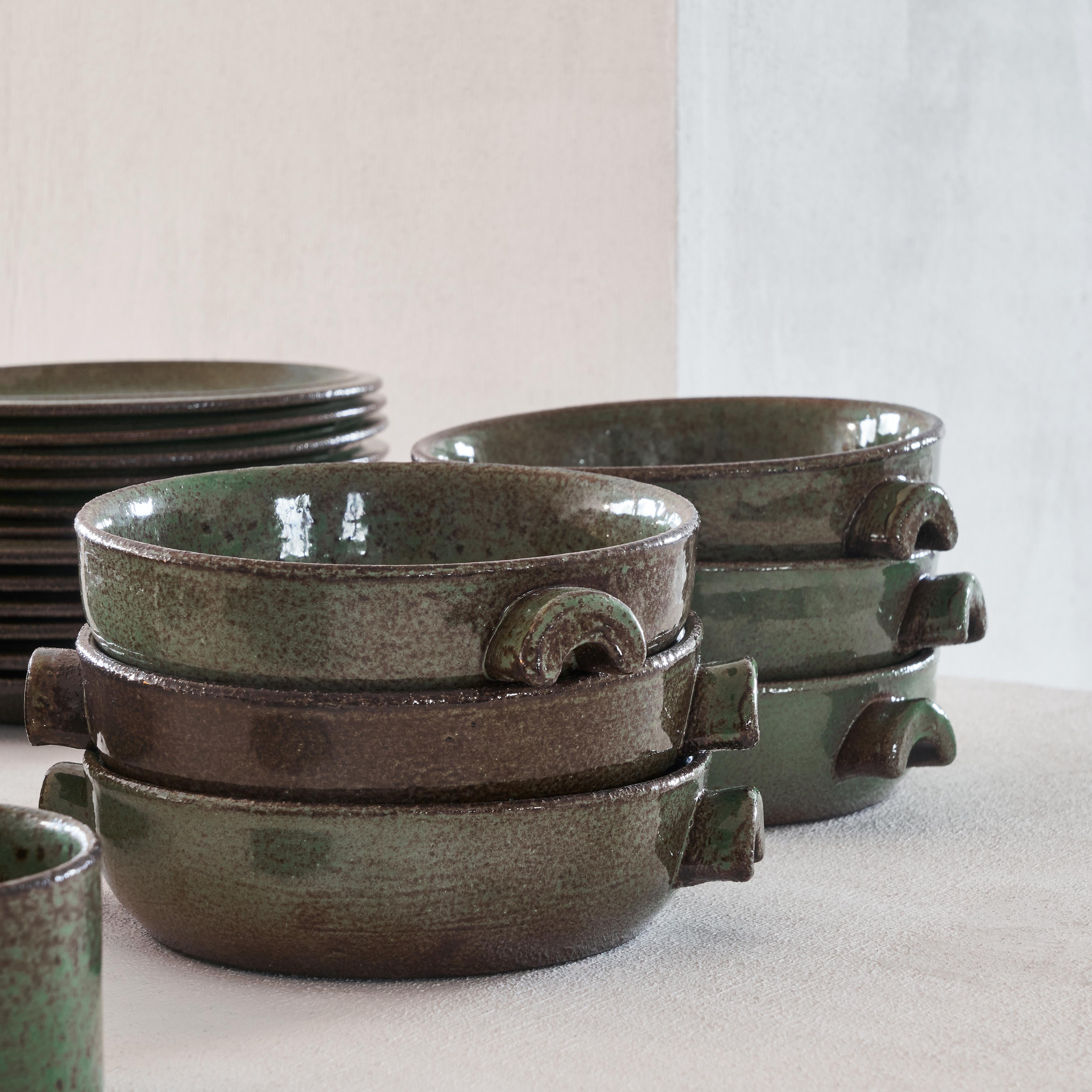 Unknown Mid-Century Modern Dinnerware Set in Green and Brown Glaze