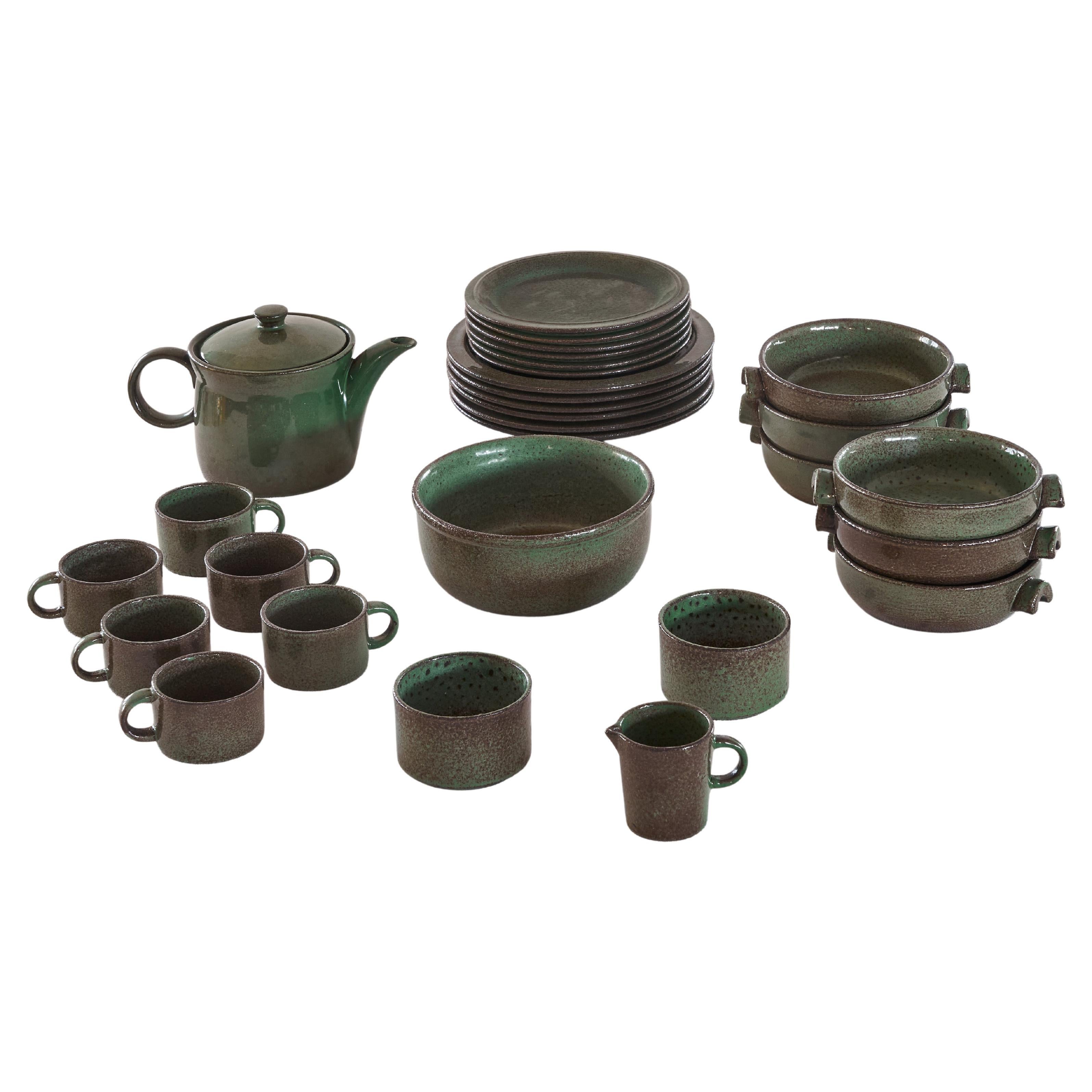Mid-Century Modern Dinnerware Set in Green and Brown Glaze