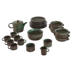 Mid-Century Modern Dinnerware Set in Green and Brown Glaze